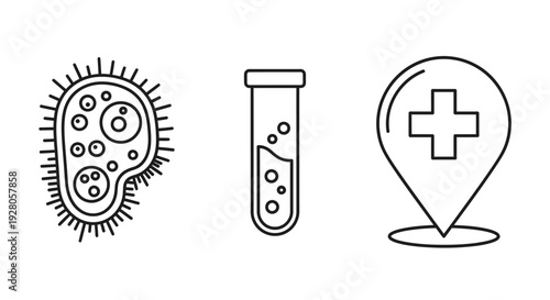 Medical and Laboratory Icons Set with Microorganism, Test Tube, and Medical Cross Location Pin on Isolated White Background