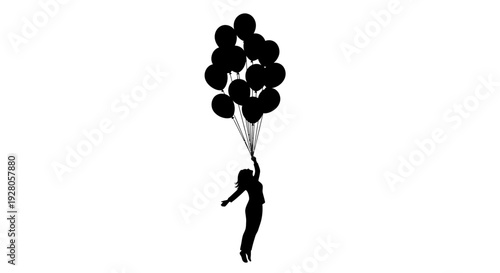 Silhouette of a Cheerful Person Happily Holding a Bunch of Balloons, Floating Upwards on Isolated White Background