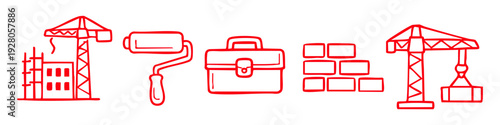 Red hand-drawn construction and building icons including tower cranes, brick wall, toolbox, and paint roller. Minimalist doodle style for industry.