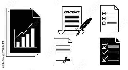 Business Finance Legal Document Icons Set, Contract, Chart, Checklist, Administration, Black Silhouette, Isolated White Background
