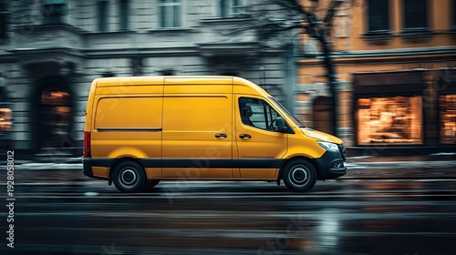 Yellow delivery van driving on city street with blurred background