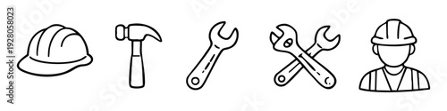 Hand-drawn construction and tool icon set featuring a hard hat, hammer, wrenches, and a worker. Simple black line art for DIY and industrial themes.