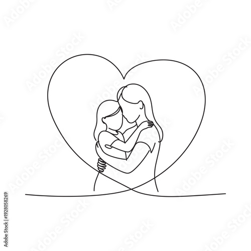A continuous line drawing depicts a mother embracing her child within a heart shaped outline