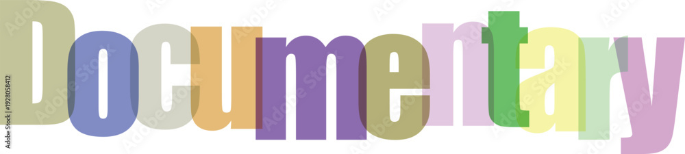 Fototapeta premium Documentary Text in Multicolored Letters with Gradient Effect on White Background for Film Title