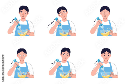 Man blending food in bowl with frustrated expression