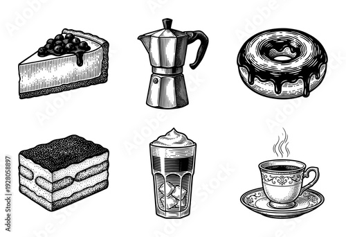 Vintage style hand drawn engraving collection of coffee drinks and desserts including tiramisu cheesecake donut and moka pot