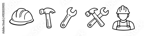 Construction and repair icon set featuring a hard hat, hammer, wrench, and worker. Simple black line art illustrations for DIY and building themes.