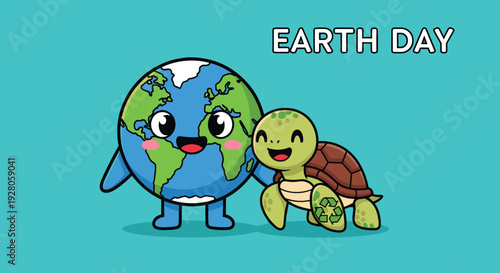 Cartoon Earth and Turtle Illustration Together.