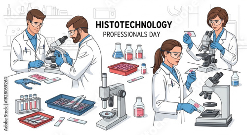Professional Vector Illustration of Histotechnologists Working with Microscopes, Tissue Samples, and Laboratory Equipment for Histotechnology Professionals Day
