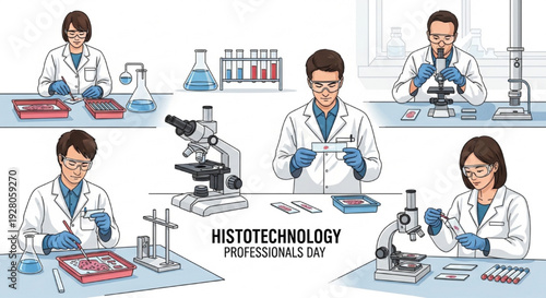 Professional Vector Illustration of Histotechnologists Working with Microscopes, Tissue Samples, and Laboratory Equipment for Histotechnology Professionals Day