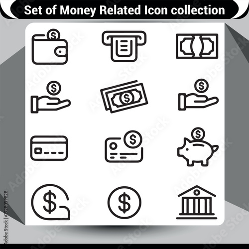Finance and money icons: wallet, ATM, bills, hand with coin, credit card, piggy bank, bank, dollar sign.