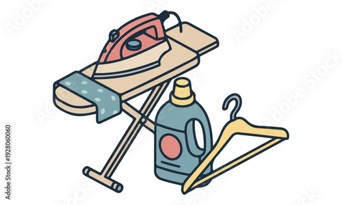 Ironing board with iron, laundry detergent bottle, and clothes hanger
