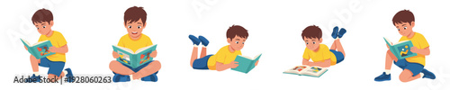 Boy reading book in various poses