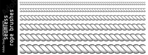 Rope string seamless patterns, set of braid brush borders. Cowboy or sailor, nautical, marine knit cords. Western decorative cables for frames. Black vector illustration isolated on white background