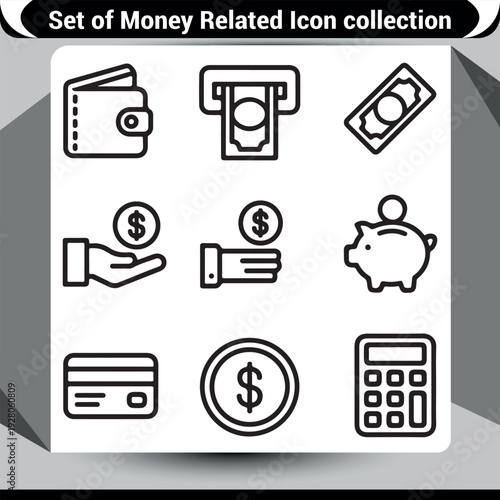 Collection of money and finance icons: wallet, ATM, cash, hand, coin, piggy bank, credit card, calculator