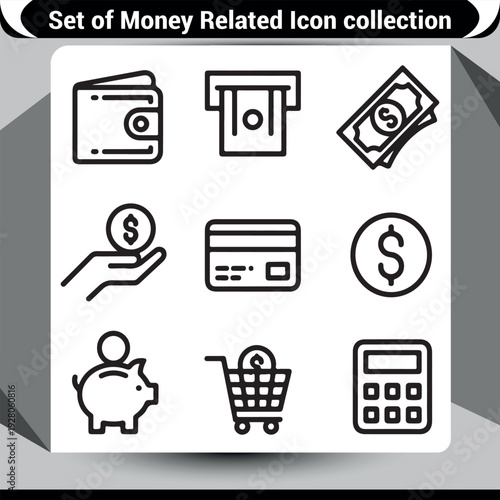 Financial icons featuring wallet, ATM, cash, hand, credit card, coin, piggy bank, cart, calculator