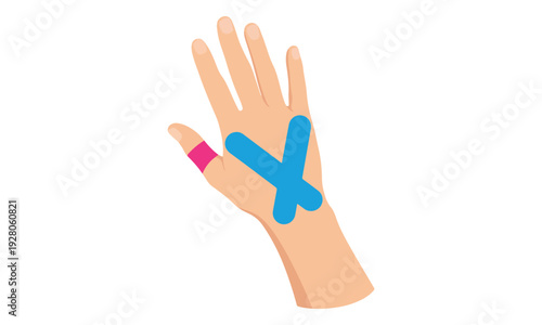Human Hand with Kinesiology Taping on Back of Hand and Thumb