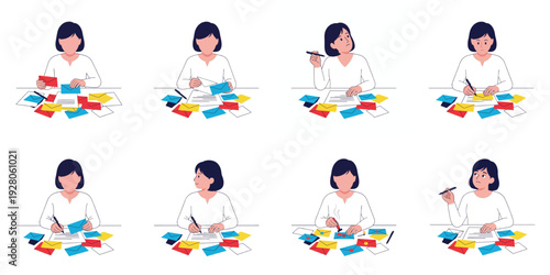 Woman writing letters at desk with scattered mail