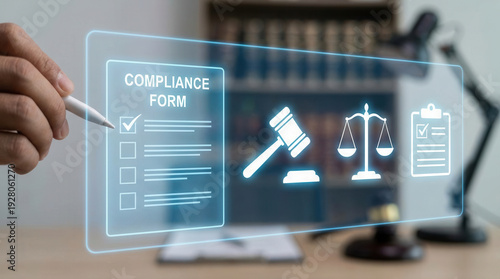 Professional hand holding pen checking compliance form on virtual interface showing determination to follow legal standard in office