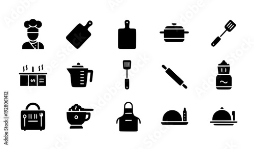 Kitchen and cooking solid glyph vector icons collection with chef and meal preparation symbols