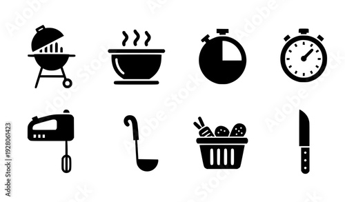 Modern cooking glyph solid vector icons set with kitchen tools, meal and chef symbols