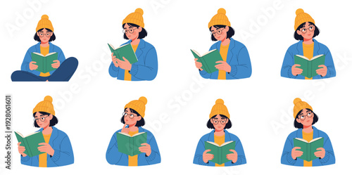 Woman reading book in various poses with transparent background
