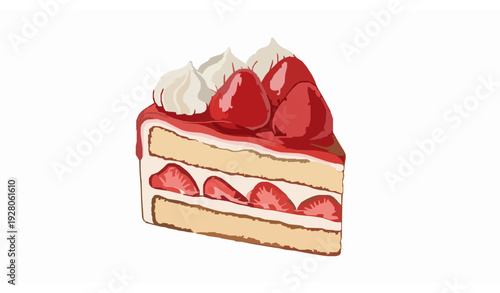 Juicy strawberry dessert vector illustration in realistic traced style with creamy cake slice