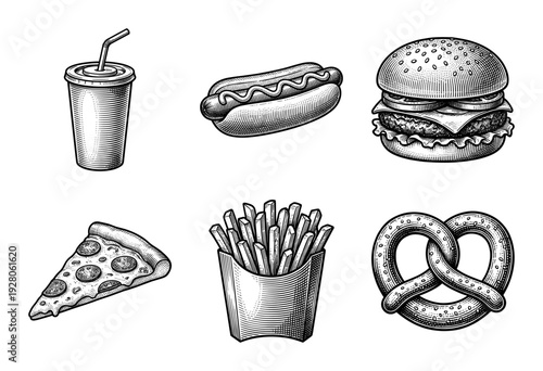 Vintage style engraving collection of fast food icons including burger hot dog pizza fries pretzel and soda