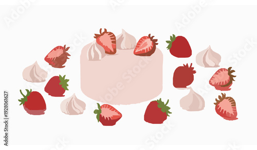Sweet dessert vector illustration with realistic juicy strawberries and creamy frosting in traced style