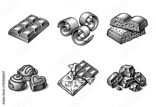 Collection of chocolate confectionery and bar varieties in a vintage woodcut engraving style