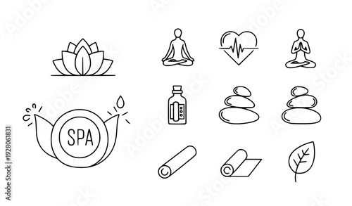 Minimal wellness line icons vector set with yoga, meditation, spa and health symbols for UI and branding