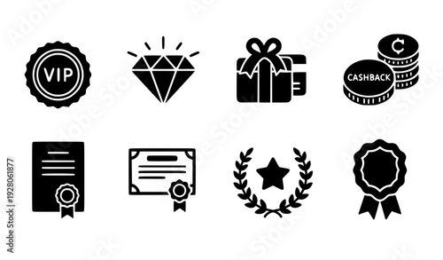 Premium exclusive reward solid vector icons collection with VIP, cashback and loyalty symbols