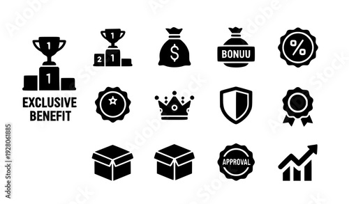 Exclusive benefit and reward solid vector icons set with bonus, achievement and promotion symbols