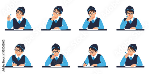 Student thinking during exam with transparent background