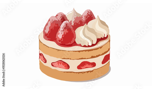 Realistic sweet dessert vector illustration with juicy strawberries and whipped cream in clean traced style