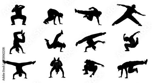 Collection of Breakdancing Silhouettes in Various Dynamic Poses.