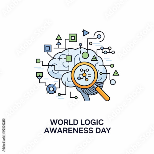 Magnifying glass on brain with logic symbols.