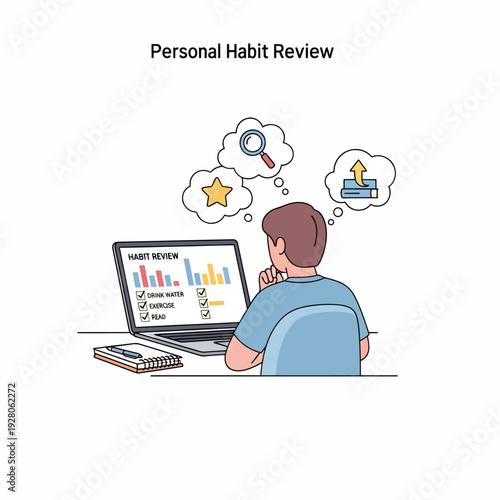 Man Reviewing Personal Habits on Laptop.