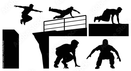 Silhouettes of skateboarders performing tricks and stunts.