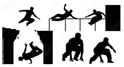 Silhouettes of people in various dynamic parkour and gymnastics poses.