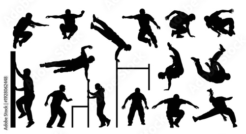 Collection of silhouettes of people performing various gymnastic moves.