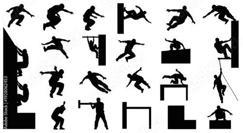 Collection of Silhouettes Depicting Various Rock Climbing Activities and Techniques.