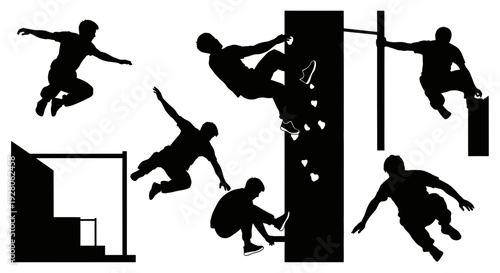 Silhouettes of people climbing and jumping in various dynamic poses.