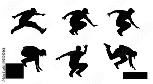 Silhouette of people jumping over obstacles in various poses.