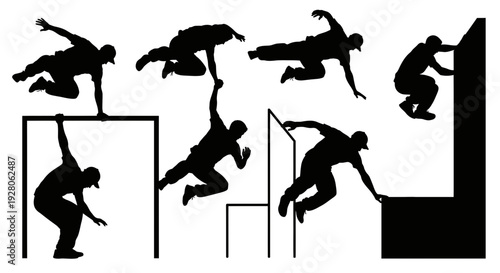 Silhouettes of people jumping and climbing various obstacles.