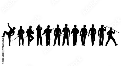 Silhouettes of people in various martial arts poses and actions.