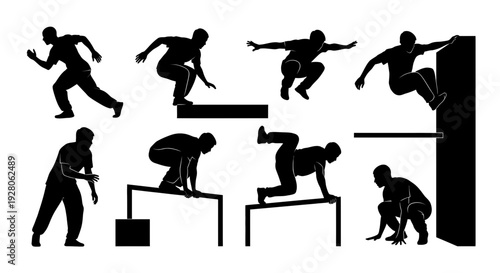 Silhouettes of people in various parkour and freerunning poses.