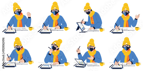 Man working with notebook and tablet in winter clothing