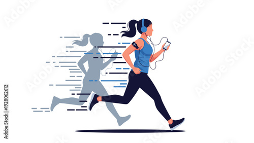 Active woman running outdoors for fitness while listening to music with headphones and a smartphone attached to her arm with a strap.