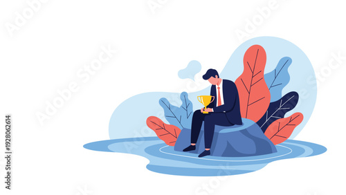 Businessman sitting alone on a rock feels lonely and depressed despite winning a golden trophy award for his professional success.